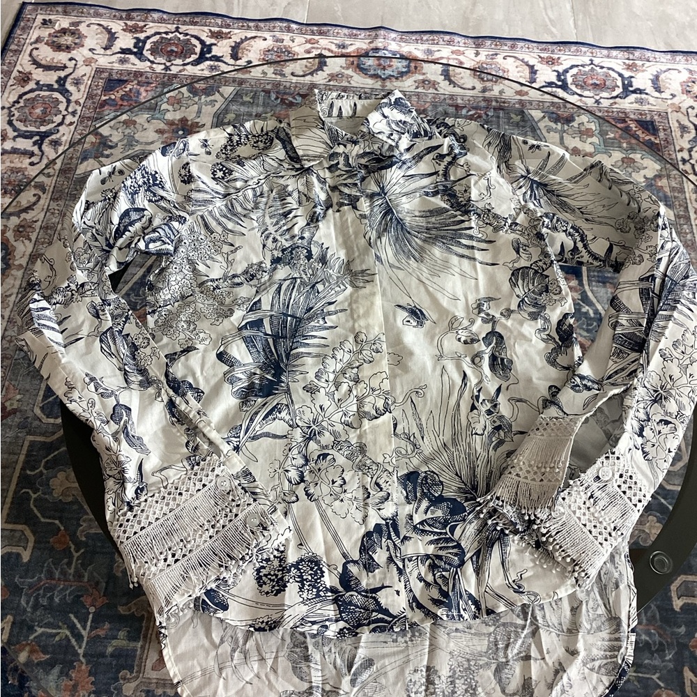 Floral Print Women's Top - Blue and White
